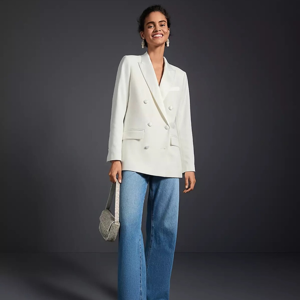 NWT LOFT Whisper White Double-Breasted Satin Trim Relaxed Tuxedo Blazer, 12P